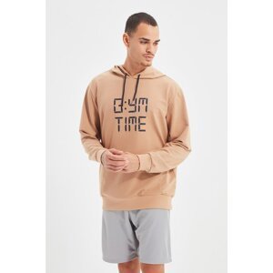 Trendyol Beige Men's Regular Fit Long Sleeve Hooded Printed Sweatshirt