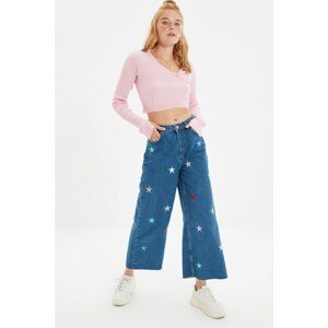 Trendyol Blue Star Embroidered High Waist Culotte Jeans