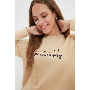 Trendyol Camel Crew Neck Embroidered Knitted Sweatshirt
