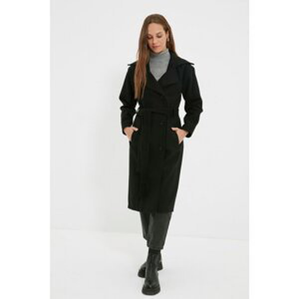 Trendyol Black Jacket CollarBelted Lined Coat