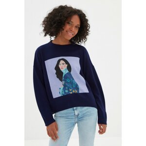 Trendyol Navy Blue Print Detailed Knitwear Sweater
