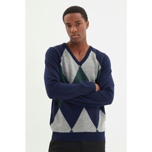 Trendyol Navy Blue Men's Slim Fit V-Neck Checkered Pattern Detailed Sweater