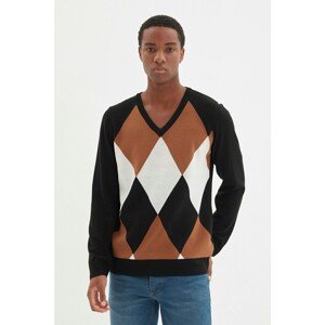 Trendyol Black Men's Slim Fit V-Neck Checked Pattern Detailed Sweater