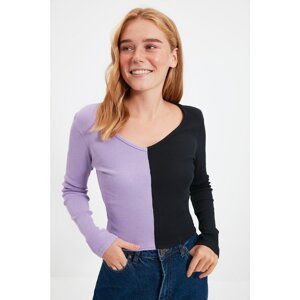 Trendyol Lilac Corduroy V Neck Crop Knitted Blouse