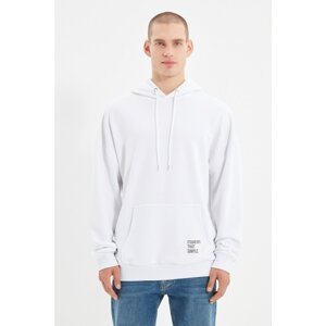 Trendyol White Men's Hoodie Oversize Slogan Label Sweatshirt