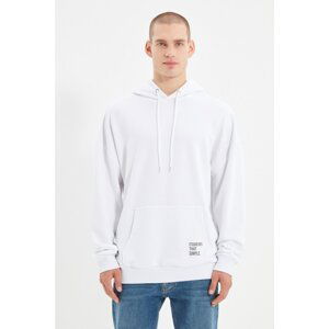Trendyol White Men's Basic Hooded Oversized Sweatshirt with Labels and a Soft Pile Inside Cotton