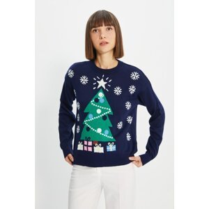 Trendyol Navy Blue Christmas Themed Crew Neck Jacquard Knitwear Sweater