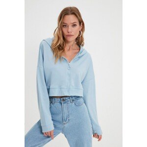 Trendyol Light Blue Hooded Crop Raised Knitted Sweatshirt