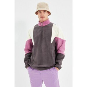 Trendyol Anthracite Men's Regular/Regular Cut, Zippered Standing Collar Color Block Fleece Warm Sweatshirt.