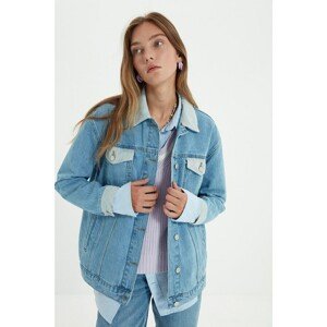 Trendyol Blue Velvet Detailed Denim Jacket