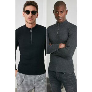 Trendyol Black-Anthracite Men's Slim Fit Half Turtleneck Zipper Collar 2-Pack Sweater