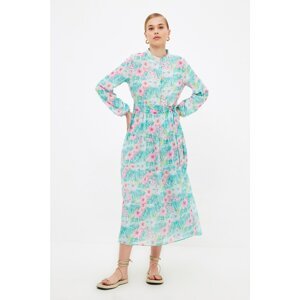 Trendyol Light Green Printed Judge Collar Belted Veiling Dress