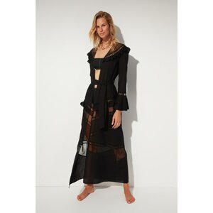 MOEVA X Trendyolmilla Black Stripe Accessory Detailed Voile Kimono&Caftan