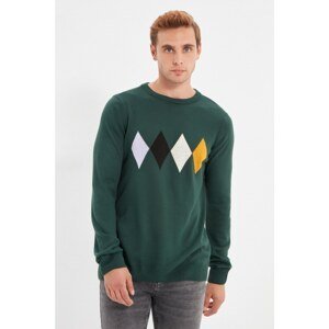 Trendyol Green Men's Slim Fit Crew Neck Checkered Detailed Sweater