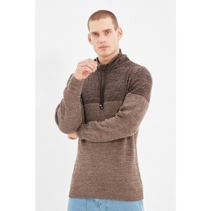 Trendyol Dark Brown Men's Slim Fit Shawl Collar Paneled Knitwear Sweater