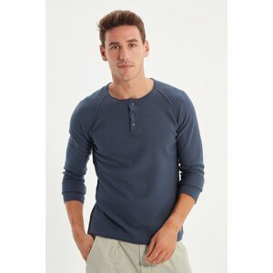 Trendyol Indigo Men's Slim Fit Crew Neck Button Detailed Sweater