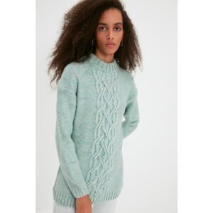Trendyol Mint Stand Up Collar Knitted Detailed Knitwear Sweater