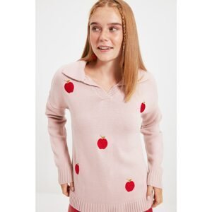 Trendyol Powder Strawberry Embroidered Polo Collar Knitwear Sweater