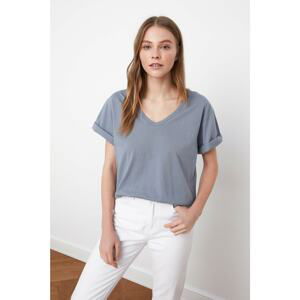 Trendyol Gray 100% Cotton Single Jersey V Neck Boyfriend Knitted T-Shirt