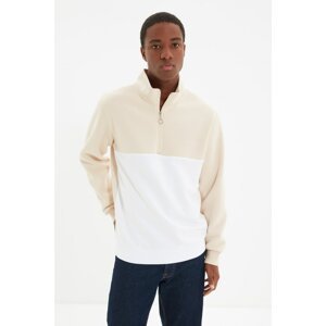 Trendyol Beige Men's Regular/Regular Cut Standing Collar Color Block Color Block Zippered Inner Soft Pile Cotton Sweatshirt.