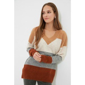 Trendyol Camel V-Neck Color Block Knitwear Sweater