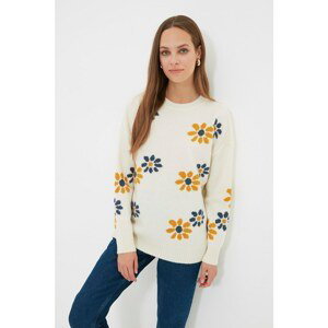 Trendyol Ecru Crew Neck Floral Patterned Knitwear Sweater