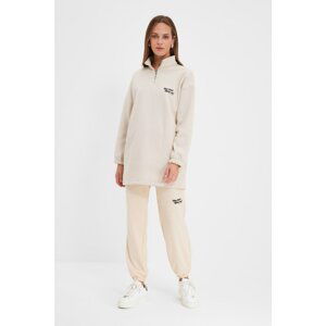 Trendyol Ecru Stand Up Collar Zippered Embroidered Jogger Knitted Tracksuit Set