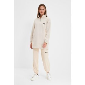 Trendyol Ecru Stand Up Collar Zippered Embroidered Jogger Knitted Tracksuit Set