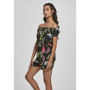 Ladies AOP Off Shoulder Short Jumpsuit Black Flower