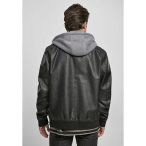 Fleece Hooded Fake Leather Jacket Black/grey