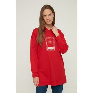 Trendyol Red Hoodie Printed Knitted Sweatshirt