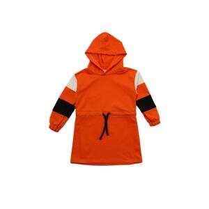 Trendyol Orange Color Block Knitted Dress For Girl With Pleated Waist Hooded Knitted Dress