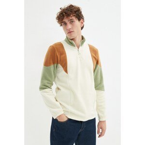 Trendyol Ecru Men Regular Fit Zipper Stand Up Collar Long Sleeve Paneled Fleece Sweatshirt