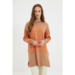 Trendyol Camel Crew Neck Striped Long Knitwear Sweater