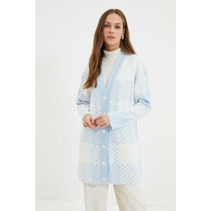 Trendyol Blue V-Neck Plaid Patterned Long Knitwear Cardigan