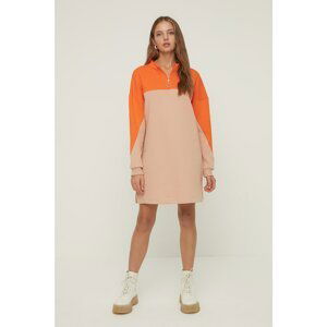 Trendyol Beige Zipper Stand Up Collar Color Block Ragged Knitted Dress