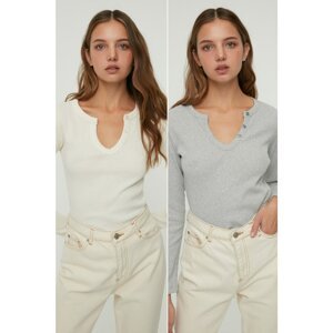Trendyol White-Grey Recycle 2-Pack Corduroy Knitted Blouse