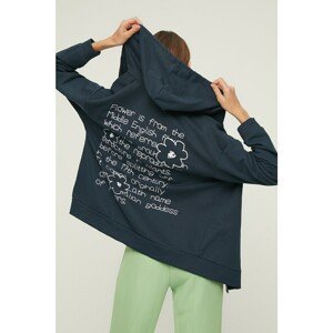 Trendyol Navy Blue Back Printed Zippered Hooded Loose Slim Knitted Sweatshirt