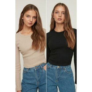 Trendyol Black-Stone Recycle 2-Pack Crop Corduroy Knitted Blouse