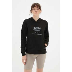 Trendyol Black Front and Back Printed Basic Hoodie Slim Knitted Sweatshirt