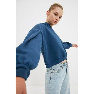 Trendyol Indigo Hooded Crop Raised Knitted Sweatshirt