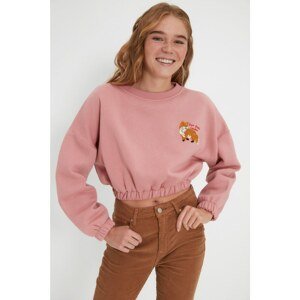 Trendyol Dried Rose Embroidered Pleated Raised Crop Knitted Sweatshirt