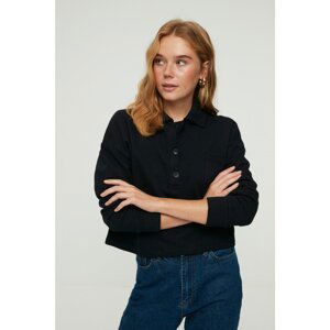 Trendyol Navy Blue Polo Neck Crop Raised Knitted Sweatshirt