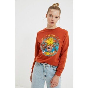 Trendyol Cinnamon Printed Basic Slim Knitted Sweatshirt