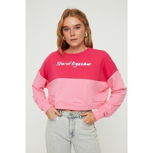 Trendyol Pink Printed Stand Up Crop Slim Knitted Sweatshirt
