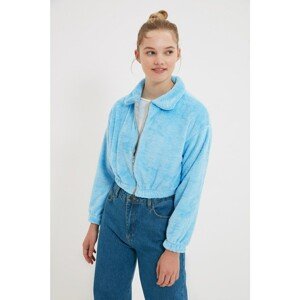 Trendyol Light Blue Zipper Crop Plush Knitted Jacket