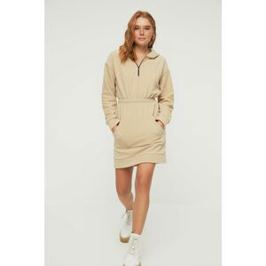 Trendyol Beige Hooded Fleece Knitted Dress