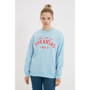 Trendyol Blue Printed Basic Raised Knitted Sweatshirt