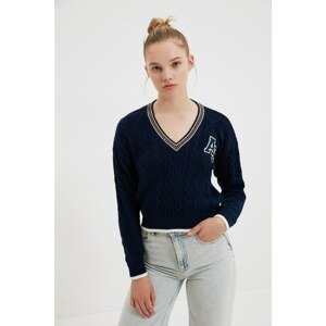 Trendyol Navy Blue V-Neck Knit Detailed Knitwear Sweater