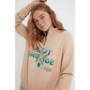 Trendyol Camel Printed Polo Neck Basic Slim Knitted Sweatshirt